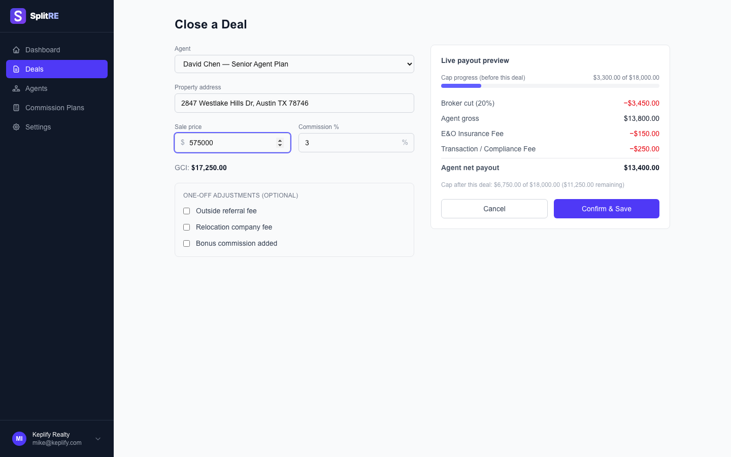 SplitRE deal entry form showing live payout preview with broker cut, agent gross, and net payout
